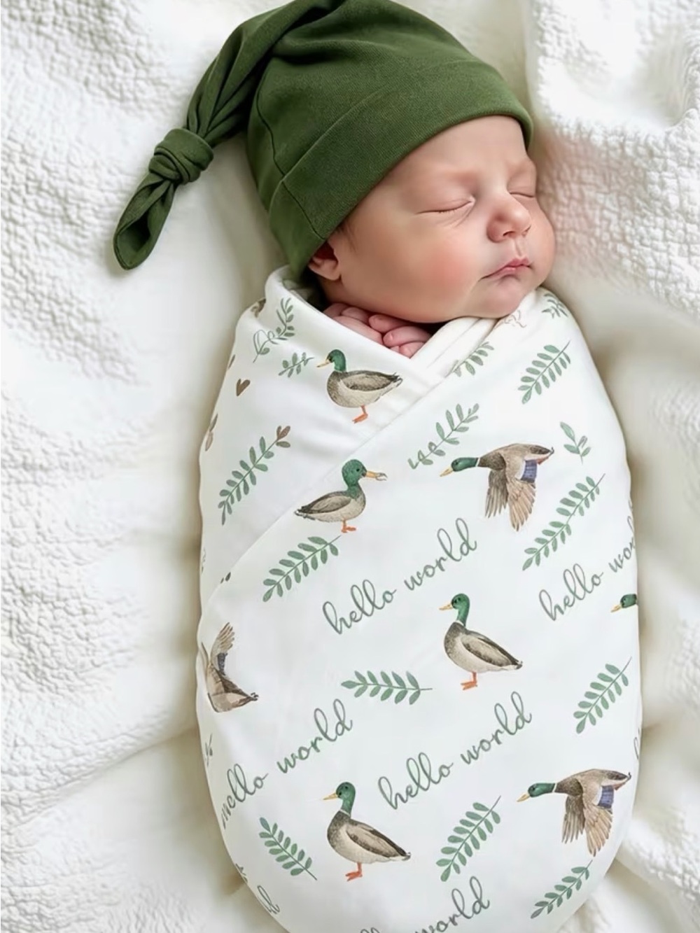 Green Duck Print Swaddle Sack & Knot Hat Set - Hello World